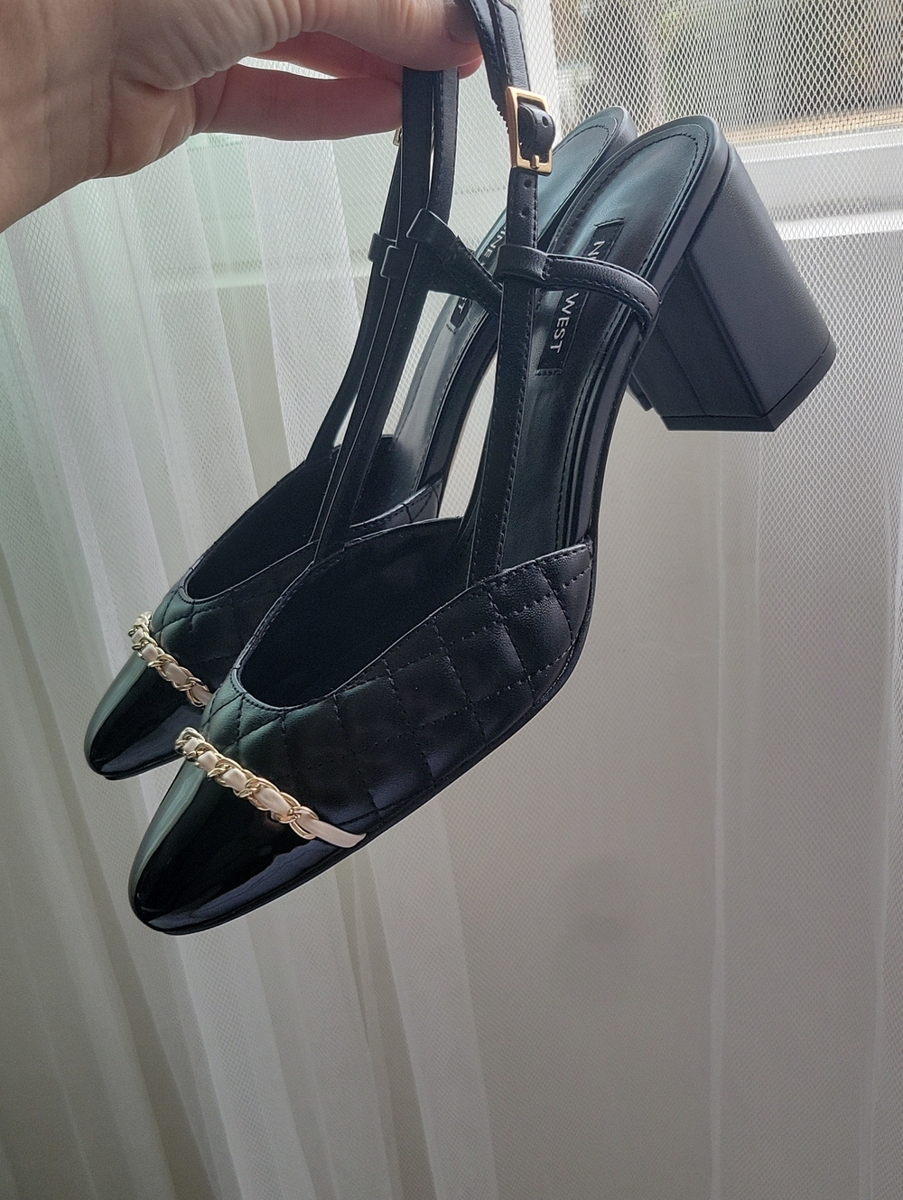 Nine West Black Quilted Slingback Heels with Gold Chain Accent